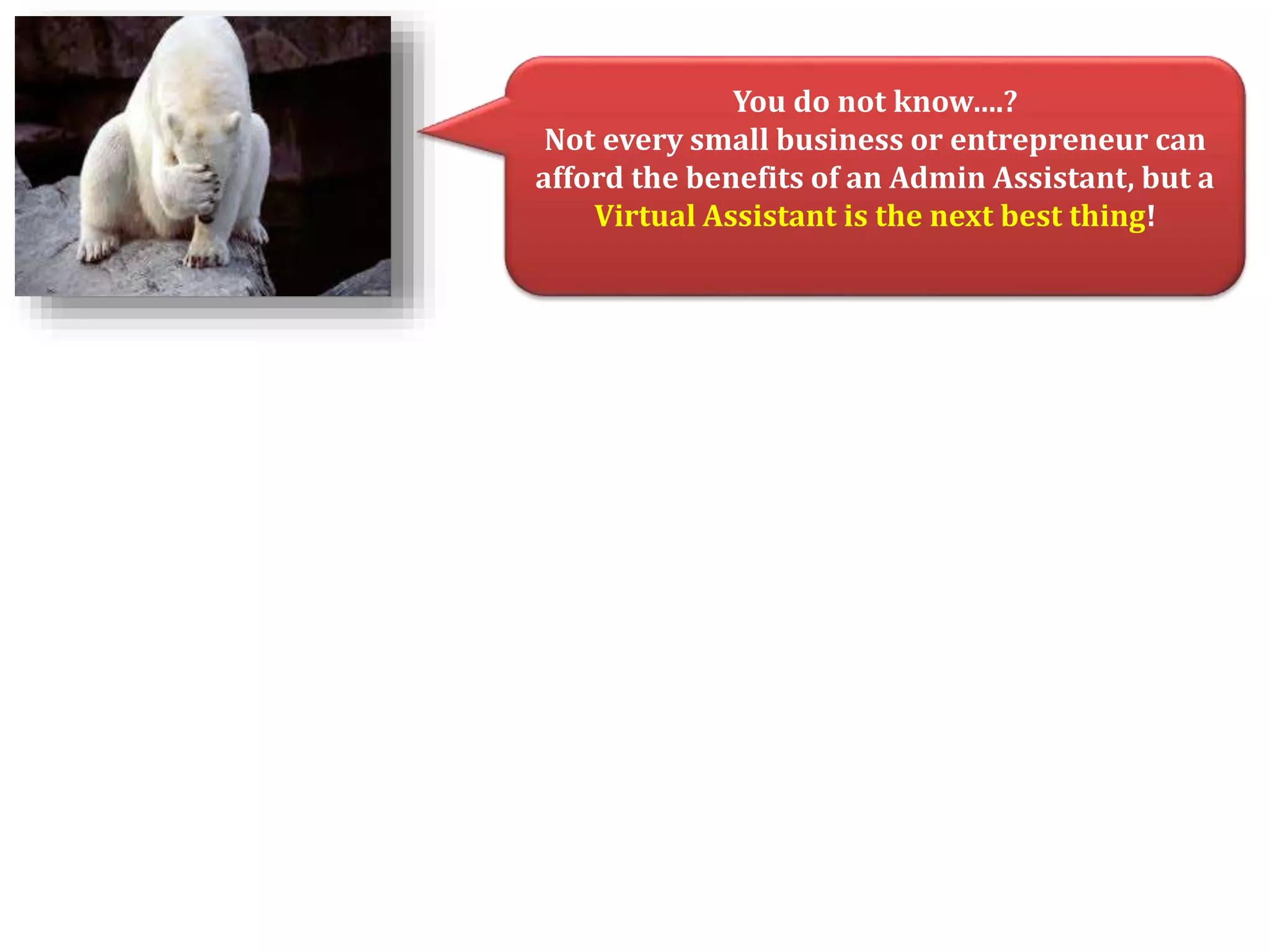 You do not know….? 
Not every small business or entrepreneur can 
afford the benefits of an Admin Assistant, but a 
Virtual Assistant is the next best thing! 
 