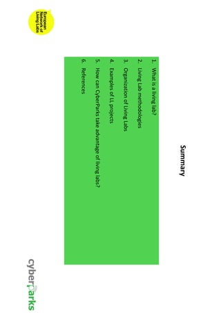Summary 
1. What is a living lab? 
2. Living Lab methodologies 
3. Organization of Living Labs 
4. Examples of LL projects 
5. How can CyberParks take advantage of living labs? 
6. References 
 