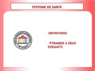 SYSTEME DE SANTE
 DEFINITIONS
 PYRAMIDE A DEUX
VERSANTS
 