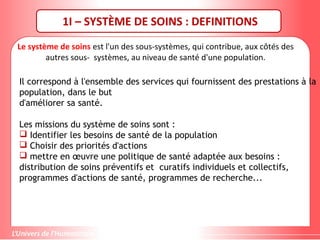 1I – SYSTÈME DE SOINS : DEFINITIONS
Le système de soins est l'un des sous-systèmes, qui contribue, aux côtés des
autres sous- systèmes, au niveau de santé d'une population.
Il correspond à l'ensemble des services qui fournissent des prestations à la
population, dans le but
d'améliorer sa santé.
Les missions du système de soins sont :
 Identifier les besoins de santé de la population
 Choisir des priorités d'actions
 mettre en œuvre une politique de santé adaptée aux besoins :
distribution de soins préventifs et curatifs individuels et collectifs,
programmes d'actions de santé, programmes de recherche...
 