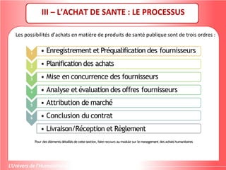 III – L’ACHAT DE SANTE : LE PROCESSUS
Les possibilités d’achats en matière de produits de santé publique sont de trois ordres :
 