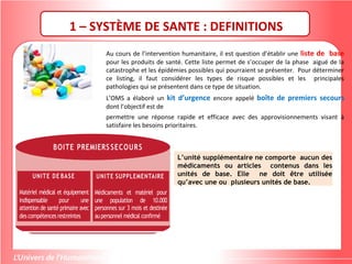 Au cours de l’intervention humanitaire, il est question d’établir une liste de base
pour les produits de santé. Cette liste permet de s’occuper de la phase aiguë de la
catastrophe et les épidémies possibles qui pourraient se présenter. Pour déterminer
ce listing, il faut considérer les types de risque possibles et les principales
pathologies qui se présentent dans ce type de situation.
L’OMS a élaboré un kit d’urgence encore appelé boîte de premiers secours
dont l’objectif est de
permettre une réponse rapide et efficace avec des approvisionnements visant à
satisfaire les besoins prioritaires.
1 – SYSTÈME DE SANTE : DEFINITIONS
L’unité supplémentaire ne comporte aucun des
médicaments ou articles contenus dans les
unités de base. Elle ne doit être utilisée
qu’avec une ou plusieurs unités de base.
 