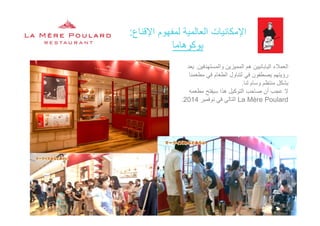 ‫اإلقناع‬ ‫لمفھوم‬ ‫العالمية‬ ‫اإلمكانيات‬:‫ع‬ ‫إل‬ ‫ھوم‬ ‫ي‬ ‫ي‬ ‫إل‬
‫يوكوھاما‬
‫والمستھدفين‬ ‫المميزين‬ ‫ھم‬ ‫اليابانيين‬ ‫العمالء‬.‫يعد‬
‫مطعمنا‬ ‫في‬ ‫الطعام‬ ‫لتناول‬ ‫في‬ ‫يصطفون‬ ‫رؤيتھم‬
‫لنا‬ ‫وسام‬ ‫منتظم‬ ‫بشكل‬.
‫مطعمه‬ ‫سيفتح‬ ‫ھذا‬ ‫التوكيل‬ ‫صاحب‬ ‫أن‬ ‫عجب‬ ‫ال‬
La Mère Poulard‫نوفمبر‬ ‫في‬ ‫التالي‬2014.
La Mère Poulard International S.A.
 