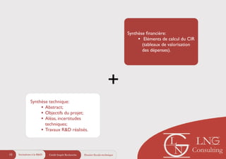 Synthèse ﬁnancière:	

• Eléments de calcul du CIR
(tableaux de valorisation
des dépenses).
Synthèse technique:	

• Abstract;	

• Objectifs du projet;	

• Aléas, incertitudes
techniques;	

• Travaux R&D réalisés.
+
Crédit Impôt Recherche10 Dossier fiscalo-techniqueIncitations à la R&D
 