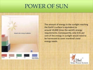 POWER OF SUN
The amount of energy in the sunlight reaching
the Earth's surface is equivalent to
around 10,000 times the world's energy
requirements. Consequently, only 0.01 per
cent of the energy in sunlight would need to
be harnessed to cover mankind's total
energy needs.

 