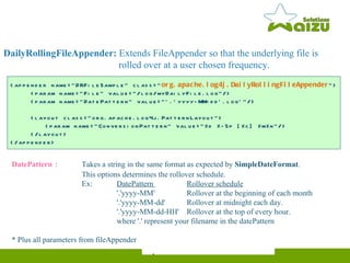 <appender name="DRFileSample" class=" org.apache.log4j.DailyRollingFileAppender "> <param name="File" value="/log/myDailyFile.log"/> <param name="DatePattern" value="'.'yyyy-MM-dd'.log'"/> <layout class="org.apache.log4j.PatternLayout"> <param name="ConversionPattern" value="%d %-5p [%c] %m%n"/> </layout> </appender> DailyRollingFileAppender:  Extends FileAppender so that the underlying file is   rolled over at a user chosen frequency. DatePattern   : Takes a string in the same format as expected by  SimpleDateFormat .  This options determines the rollover schedule. Ex: DatePattern  Rollover schedule '.'yyyy-MM'  Rollover at the beginning of each month '.'yyyy-MM-dd'  Rollover at midnight each day. '.'yyyy-MM-dd-HH'  Rollover at the top of every hour. where '.' represent your filename in the datePattern * Plus all parameters from fileAppender 