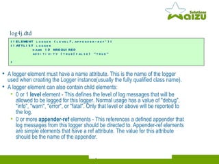A logger element must have a name attribute. This is the name of the logger used when creating the Logger instance(usually the fully qualified class name).  A logger element can also contain child elements:  0 or 1  level  element - This defines the level of log messages that will be allowed to be logged for this logger. Normal usage has a value of "debug", "info", "warn", "error", or "fatal". Only that level or above will be reported to the log.  0 or more  appender-ref  elements - This references a defined appender that log messages from this logger should be directed to. Appender-ref elements are simple elements that have a ref attribute. The value for this attribute should be the name of the appender.  <!ELEMENT logger (level?,appender-ref*)>  <!ATTLIST logger  name ID #REQUIRED  additivity (true|false) "true"  >   log4j.dtd   