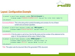 Layout  Configuration Example <layout class="org.apache.log4j. PatternLayout "> <param name=" ConversionPattern " value="%d %-5p [%c] %m%n"/> </layout> <layout class="org.apache.log4j.xml. XMLLayout "> <param name=" LocationInfo " value="true" /> </layout> <layout class="org.apache.log4j. HTMLLayout "> <param name="LocationInfo" value="true" /> <param name=" Title " value=“Html Title" /> </layout> ConvesionPattern : This is the string which controls formatting and consists of a mix of literal  content and conversion specifiers.   LocationInfo : If the the option is set to true, then the file name and line number of the statement at the    origin of  the log statement will be output. Default is false. Title : This option sets the document title of the generated HTML document.  