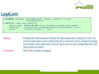 Log4j.xml Debug : Probably the most important attribute for log4:configuration, setting it to "true" will  print out information as the configuration file is read and used to configure the log4j  environment. Very useful when trying to figure out why your configuration file is not  doing what you expect. Threshold : Set to  off  to disable all logging. <!ELEMENT appender (errorHandler?, param*, layout?, filter*,    appender-ref*)>  <!ATTLIST log4j:configuration  xmlns:log4j  CDATA #FIXED "http://jakarta.apache.org/log4j/"    threshold  (all|debug|info|warn|error|fatal|off|null) "null“   debug  (true|false|null)  "null" >  