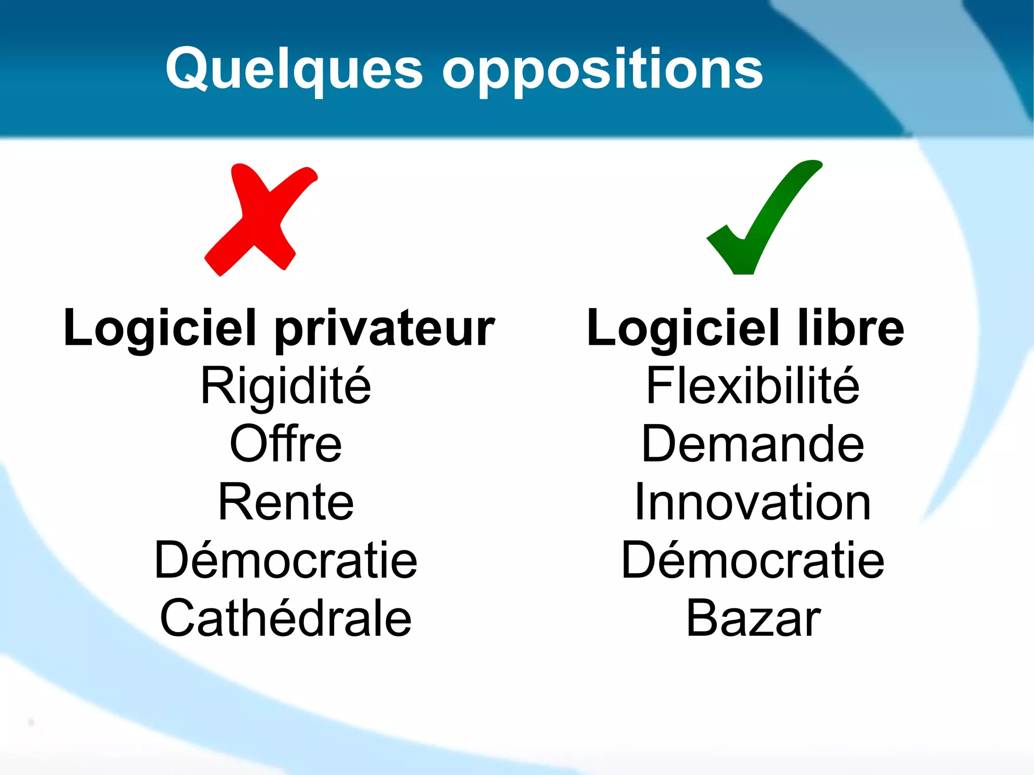 Quelques oppositions

Logiciel privateur
Rigidité
Offre
Rente
Démocratie
Cathédrale

Logiciel libre
Flexibilité
Demande
Innovation
Démocratie
Bazar

 