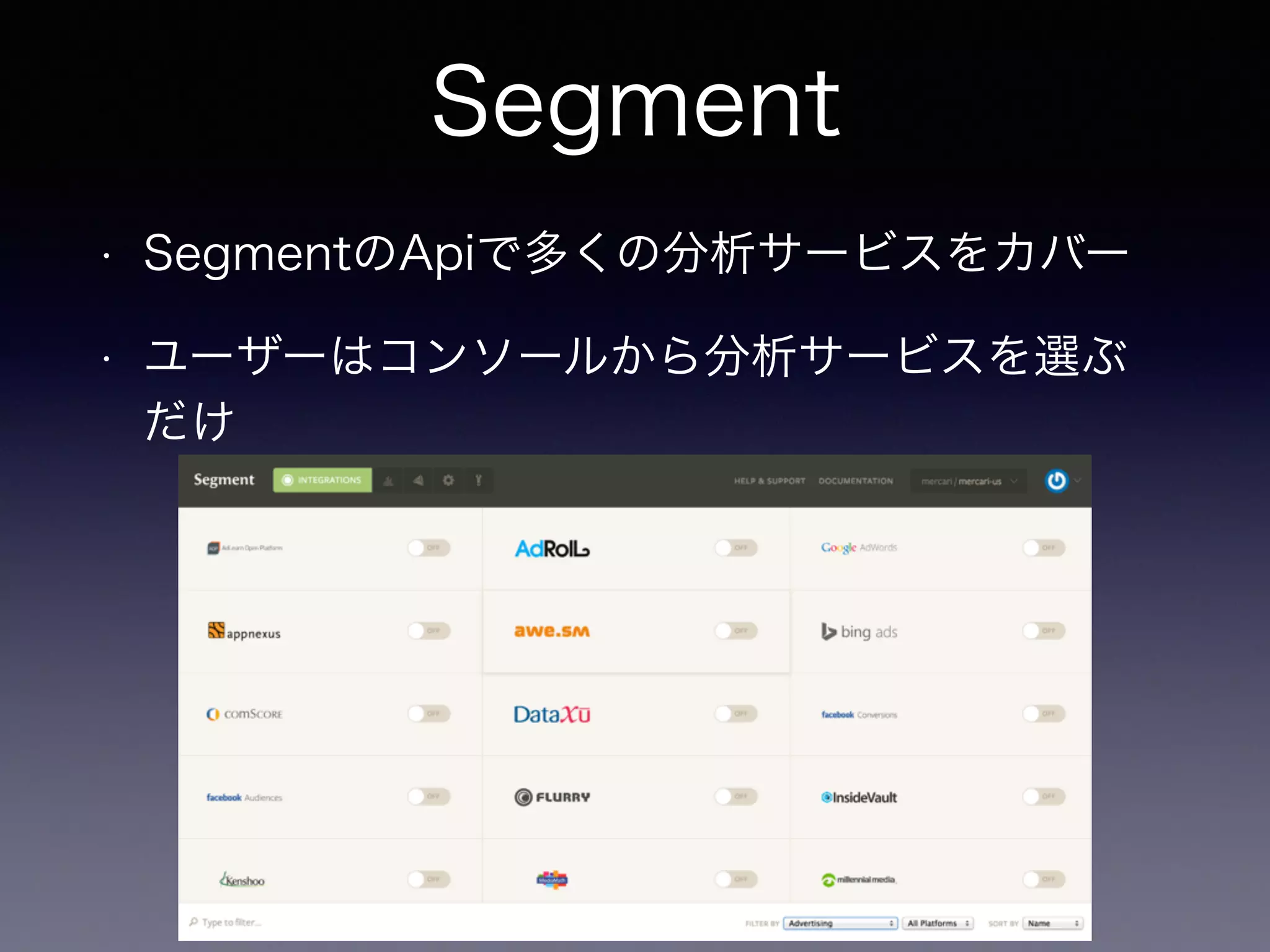 Segment 
• SegmentのApiで多くの分析サービスをカバー 
• ユーザーはコンソールから分析サービスを選ぶ 
だけ 
24 
 