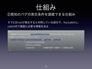 仕組み 
②既知のバグの発生条件を調査できる仕組み 
すでにErrorが発生すると判明している部分で、try/catchし、 
catch内で調査に必要な情報を送る 
try { 
return BitmapFactory.decodeFileDescriptor(fileDescriptor, null, options); 
} catch (OutOfMemoryError ooe) { 
postErrorReport(getCurrentActivity().getClass().getName() 
, options.inSampleSize 
, options.outWidth 
, reqWidth); 　　　　//画像処理系で画像サイズ情報を送信 
15 
} 
 