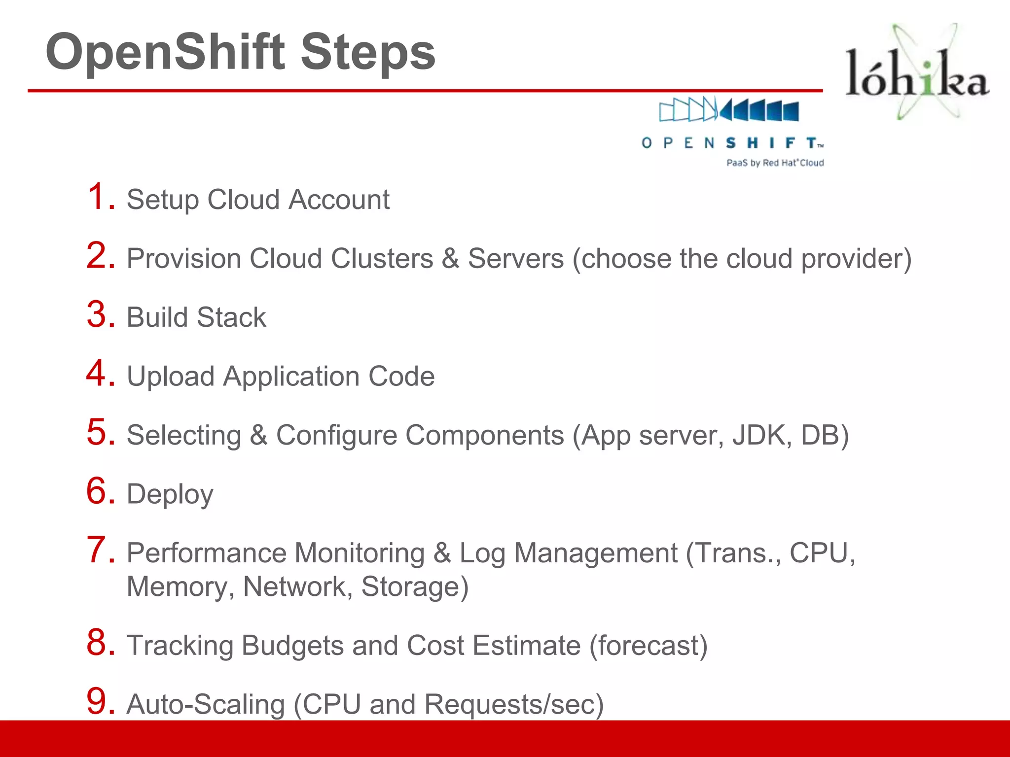 OpenShift Steps

 1. Setup Cloud Account
 2. Provision Cloud Clusters & Servers (choose the cloud provider)
 3. Build Stack
 4. Upload Application Code
 5. Selecting & Configure Components (App server, JDK, DB)
 6. Deploy
 7. Performance Monitoring & Log Management (Trans., CPU,
    Memory, Network, Storage)

 8. Tracking Budgets and Cost Estimate (forecast)
 9. Auto-Scaling (CPU and Requests/sec)
 