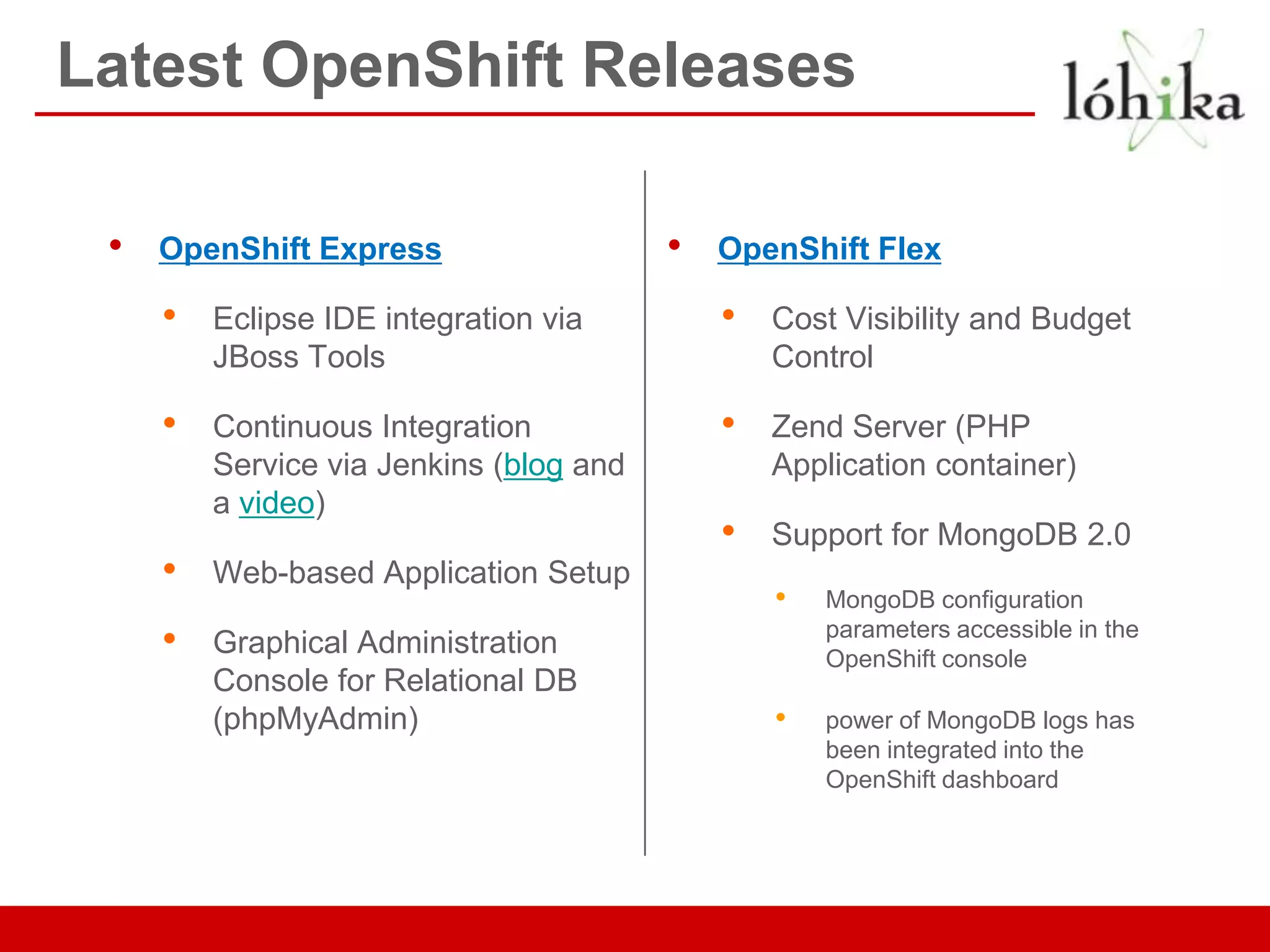 Latest OpenShift Releases

 •   OpenShift Express                   •   OpenShift Flex

     •   Eclipse IDE integration via         •   Cost Visibility and Budget
         JBoss Tools                             Control

     •   Continuous Integration              •   Zend Server (PHP
         Service via Jenkins (blog and           Application container)
         a video)
                                             •   Support for MongoDB 2.0
     •   Web-based Application Setup
                                                 •   MongoDB configuration
     •   Graphical Administration                    parameters accessible in the
                                                     OpenShift console
         Console for Relational DB
         (phpMyAdmin)                            •   power of MongoDB logs has
                                                     been integrated into the
                                                     OpenShift dashboard
 