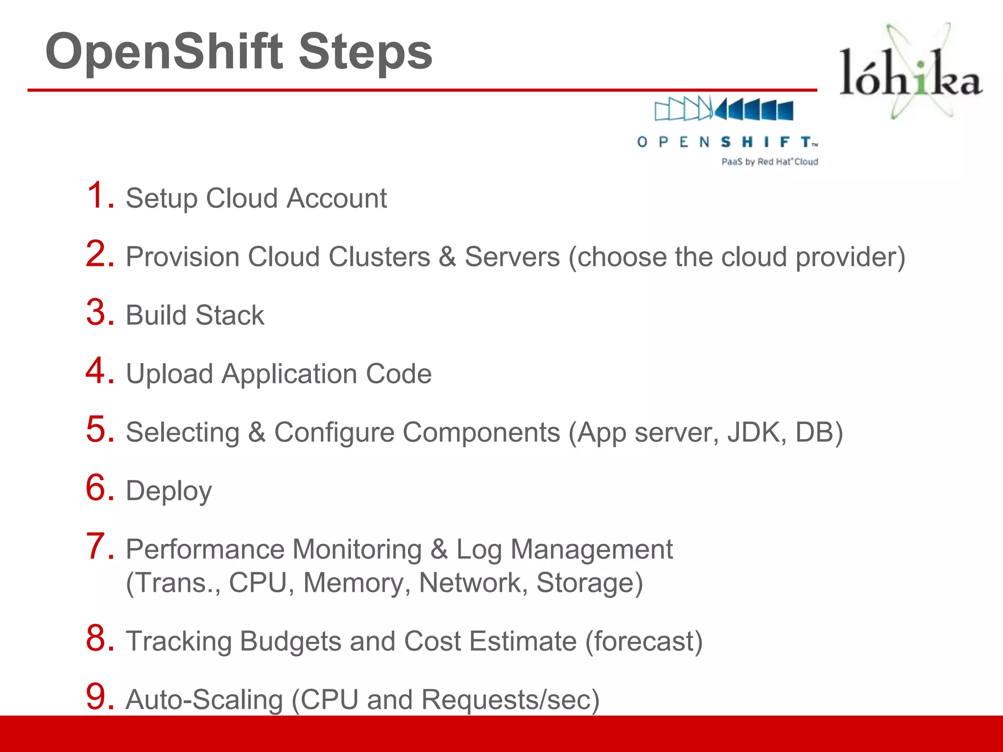 OpenShift Steps

 1. Setup Cloud Account
 2. Provision Cloud Clusters & Servers (choose the cloud provider)
 3. Build Stack
 4. Upload Application Code
 5. Selecting & Configure Components (App server, JDK, DB)
 6. Deploy
 7. Performance Monitoring & Log Management
    (Trans., CPU, Memory, Network, Storage)

 8. Tracking Budgets and Cost Estimate (forecast)
 9. Auto-Scaling (CPU and Requests/sec)
 