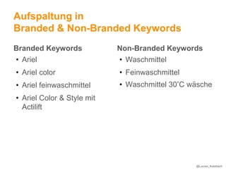 Aufspaltung in
Branded & Non-Branded Keywords
Branded Keywords            Non-Branded Keywords
• Ariel                     • Waschmittel
• Ariel color               • Feinwaschmittel
• Ariel feinwaschmittel     • Waschmittel 30°C wäsche
• Ariel Color & Style mit
  Actilift




                                                @Lucian_Katzbach
 