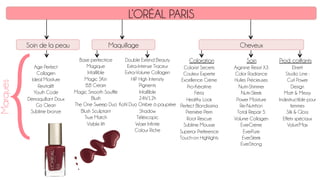 L’ORÉAL PARIS
Soin de la peau Maquillage Cheveux
Soin Prod. coiffants
Age Perfect
Collagen
Ideal Moisture
Revitalift
Youth Code
Démaquillant Doux
Go Clean
Sublime bronze
{
Marques
Base perfectrice
Magique
Infaillible
Magic SKin
B.B Cream
Magic Smooth Soufflé
Blush
The One Sweep Duo
Blush Sculptant
True Match
Visible lift
Double Extend Beauty
Extra-Intense Traceur
Extra-Volume Collagen
HiP High Intensity
Pigments
Infaillible
24h/12h
Kohl Duo Ombre à paupière
Shadow
Téléscopic
Waer Infinité
Colour Riche
Colorist Secrets
Couleur Experte
Excellence Crème
Pro-Kératine
Féria
Healthy Look
Perfect Blondissima
Première Perm
Root Rescue
Sublime Mousse
Superior Preference
Touch-on Highlights
Coloration
Arginine Resist X3
Color Radiance
Huiles Précieuses
Nutri-Shimmer
Nutri-Sleek
Power Moisture
Re-Nutrition
Total Repair 5
Volume Collagen
EverCrème
EverPure
EverSleek
EverStrong
Elnett
Studio Line :
Curl Power
Design
Matt & Messy
Indestructible pour
femmes
Silk & Gloss
Effets spéciaux
Volum’Max
 