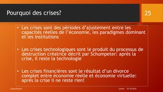 Lorient 07/10/2016Claude Rochet
25Pourquoi des crises?
• Les crises sont des périodes d’ajustement entre les
capacités réelles de l’économie, les paradigmes dominant
et les institutions
• Les crises technologiques sont le produit du processus de
destruction créatrice décrit par Schumpeter: après la
crise, il reste la technologie
• Les crises financières sont le résultat d’un divorce
complet entre économie réelle et économie virtuelle:
après la crise il ne reste rien!
 