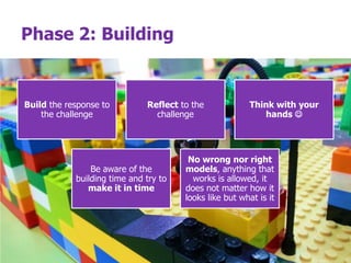 Phase 2: Building
Build the response to
the challenge
Reflect to the
challenge
Think with your
hands 
Be aware of the
building time and try to
make it in time
No wrong nor right
models, anything that
works is allowed, it
does not matter how it
looks like but what is it
 