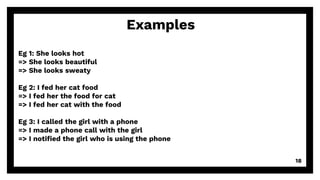 18
Examples
Eg 1: She looks hot
=> She looks beautiful
=> She looks sweaty
Eg 2: I fed her cat food
=> I fed her the food for cat
=> I fed her cat with the food
Eg 3: I called the girl with a phone
=> I made a phone call with the girl
=> I notified the girl who is using the phone
 