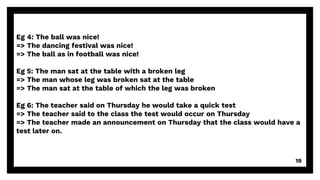 19
Eg 4: The ball was nice!
=> The dancing festival was nice!
=> The ball as in football was nice!
Eg 5: The man sat at the table with a broken leg
=> The man whose leg was broken sat at the table
=> The man sat at the table of which the leg was broken
Eg 6: The teacher said on Thursday he would take a quick test
=> The teacher said to the class the test would occur on Thursday
=> The teacher made an announcement on Thursday that the class would have a
test later on.
 