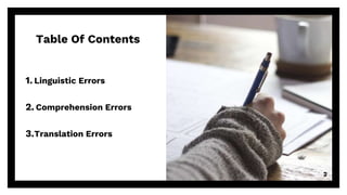Table Of Contents
1. Linguistic Errors
2. Comprehension Errors
3.Translation Errors
2
 