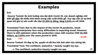 Examples
Ex1:
Source Texted: Do ảnh hưởng của đại dịch Covid-19, các doanh nghiệp chế
biến gỗ gặp rất nhiều khó khăn trong việc xuất khẩu gỗ. Tuy vậy vẫn có sự khả
quan khi giá trị sản xuất vẫn đạt 25.300 tỷ đồng, tăng 3,04% so với 2018.
Translated Text: Due to the impact of the Covid-19 pandemic, wood
processing enterprises face many difficulties in exporting wood. However,
there is still optimism when the production value still reaches VND 25.300
billion, up 3,04% over the same period in 2018.
Ex2:
Source Texted: Vẻ đẹp tự tin, quyến rũ đã thu hút ánh nhìn của chúng tôi.
Translated Text: The confident, seductive,* beauty caught my eye.
-> The confident, seductive beauty caught me eye. 35
25,300
3.04
 