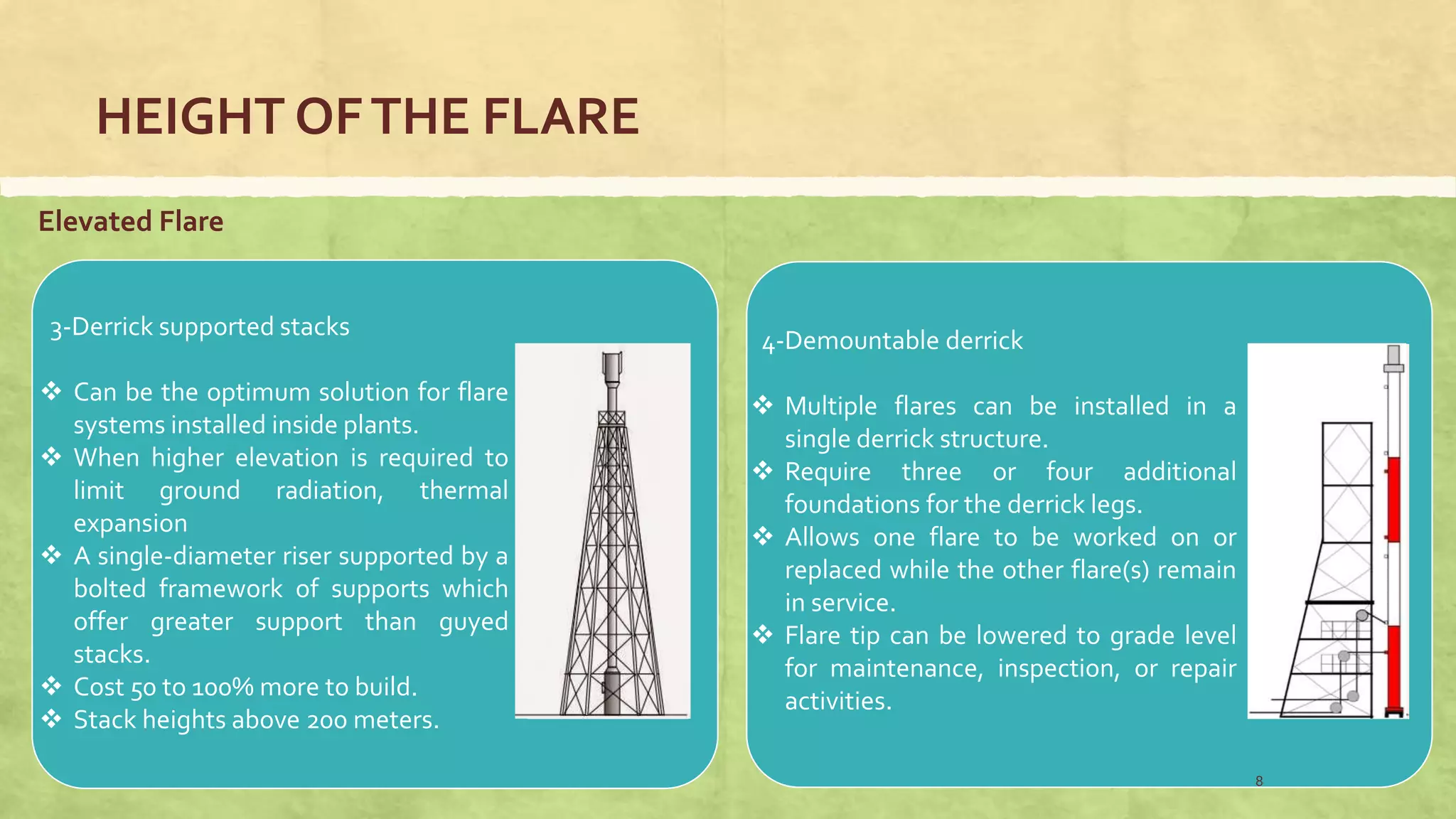 HEIGHT OFTHE FLARE
Elevated Flare
8
3-Derrick supported stacks
 Can be the optimum solution for flare
systems installed inside plants.
 When higher elevation is required to
limit ground radiation, thermal
expansion
 A single-diameter riser supported by a
bolted framework of supports which
offer greater support than guyed
stacks.
 Cost 50 to 100% more to build.
 Stack heights above 200 meters.
4-Demountable derrick
 Multiple flares can be installed in a
single derrick structure.
 Require three or four additional
foundations for the derrick legs.
 Allows one flare to be worked on or
replaced while the other flare(s) remain
in service.
 Flare tip can be lowered to grade level
for maintenance, inspection, or repair
activities.
 