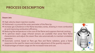  High velocity steam injection nozzles.
 Positioned 1-15 around the outer perimeter of the flare tip.
 Increase gas turbulence in the flame boundary zones, drawing in more combustion
air and improving combustion efficiency.
 Reducing the temperature in the core of the flame and suppress thermal cracking.
 To optimize steam usage infrared sensors are available that sense flare flame
characteristics and adjust the steam flow rate automatically to maintain smokeless
operation.
 Automatic control, based on flare gas flow and flame radiation, gives a faster
response to the need for steam and a better adjustment of the quantity required.
 Disadvantages of steam usage are the increased noise and cost.
Steam Jets
PROCESS DESCRIPTION
17
 