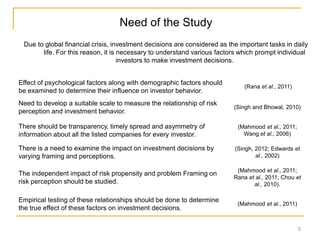 Need of the Study
Due to global financial crisis, investment decisions are considered as the important tasks in daily
life. For this reason, it is necessary to understand various factors which prompt individual
investors to make investment decisions.
5
Effect of psychological factors along with demographic factors should
be examined to determine their influence on investor behavior.
(Rana et al., 2011)
Need to develop a suitable scale to measure the relationship of risk
perception and investment behavior.
(Singh and Bhowal, 2010)
There should be transparency, timely spread and asymmetry of
information about all the listed companies for every investor.
(Mahmood et al., 2011;
Wang et al., 2006)
There is a need to examine the impact on investment decisions by
varying framing and perceptions.
(Singh, 2012; Edwards et
al., 2002)
The independent impact of risk propensity and problem Framing on
risk perception should be studied.
(Mahmood et al., 2011;
Rana et al., 2011; Chou et
al., 2010).
Empirical testing of these relationships should be done to determine
the true effect of these factors on investment decisions.
(Mahmood et al., 2011)
 