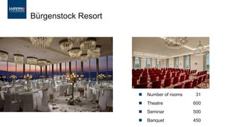  Number of rooms 31
 Theatre 600
 Seminar 500
 Banquet 450
Bürgenstock Resort
 