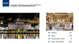  Rooms 101
 Beds 196
 Conference rooms 9
 Max. cap. theatre 450
Hotel Schweizerhof*****
 