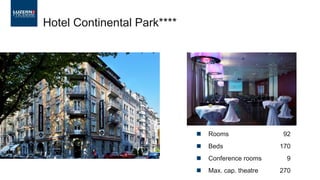  Rooms 92
 Beds 170
 Conference rooms 9
 Max. cap. theatre 270
Hotel Continental Park****
 