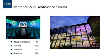  Number of rooms 14
 Theatre 600
 Seminar 252
 Banquet 360
Verkehrshaus Conference Center
 