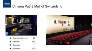  Number of rooms 12
 Theatre 450
 Seminar -
 Banquet 200
Cinema Pathé Mall of Switzerland
 