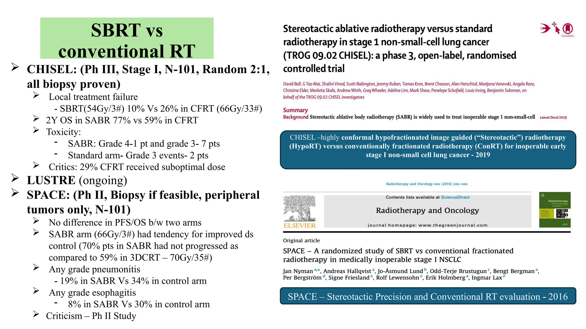 SBRT vs
conventional RT
 CHISEL: (Ph III, Stage I, N-101, Random 2:1,
all biopsy proven)
 Local treatment failure
- SBRT(54Gy/3#) 10% Vs 26% in CFRT (66Gy/33#)
 2Y OS in SABR 77% vs 59% in CFRT
 Toxicity:
- SABR: Grade 4-1 pt and grade 3- 7 pts
- Standard arm- Grade 3 events- 2 pts
 Critics: 29% CFRT received suboptimal dose
 LUSTRE (ongoing)
 SPACE: (Ph II, Biopsy if feasible, peripheral
tumors only, N-101)
 No difference in PFS/OS b/w two arms
 SABR arm (66Gy/3#) had tendency for improved ds
control (70% pts in SABR had not progressed as
compared to 59% in 3DCRT – 70Gy/35#)
 Any grade pneumonitis
- 19% in SABR Vs 34% in control arm
 Any grade esophagitis
- 8% in SABR Vs 30% in control arm
 Criticism – Ph II Study
SPACE – Stereotactic Precision and Conventional RT evaluation - 2016
CHISEL –highly conformal hypofractionated image guided (“Stereotactic”) radiotherapy
(HypoRT) versus conventionally fractionated radiotherapy (ConRT) for inoperable early
stage I non-small cell lung cancer - 2019
 