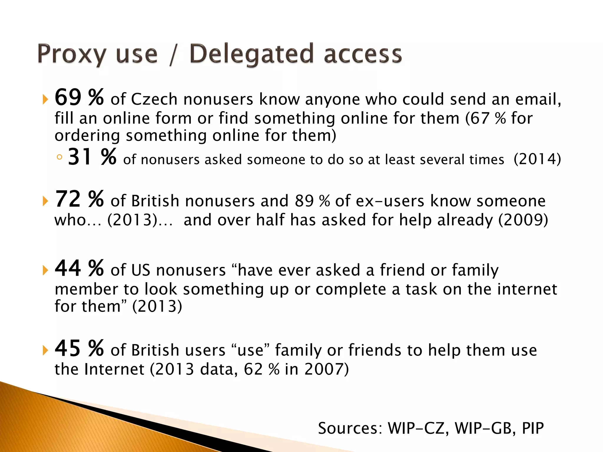  69 % of Czech nonusers know anyone who could send an email,
fill an online form or find something online for them (67 % for
ordering something online for them)
◦ 31 % of nonusers asked someone to do so at least several times (2014)
 72 % of British nonusers and 89 % of ex-users know someone
who… (2013)… and over half has asked for help already (2009)
 44 % of US nonusers “have ever asked a friend or family
member to look something up or complete a task on the internet
for them” (2013)
 45 % of British users “use” family or friends to help them use
the Internet (2013 data, 62 % in 2007)
Sources: WIP-CZ, WIP-GB, PIP
 