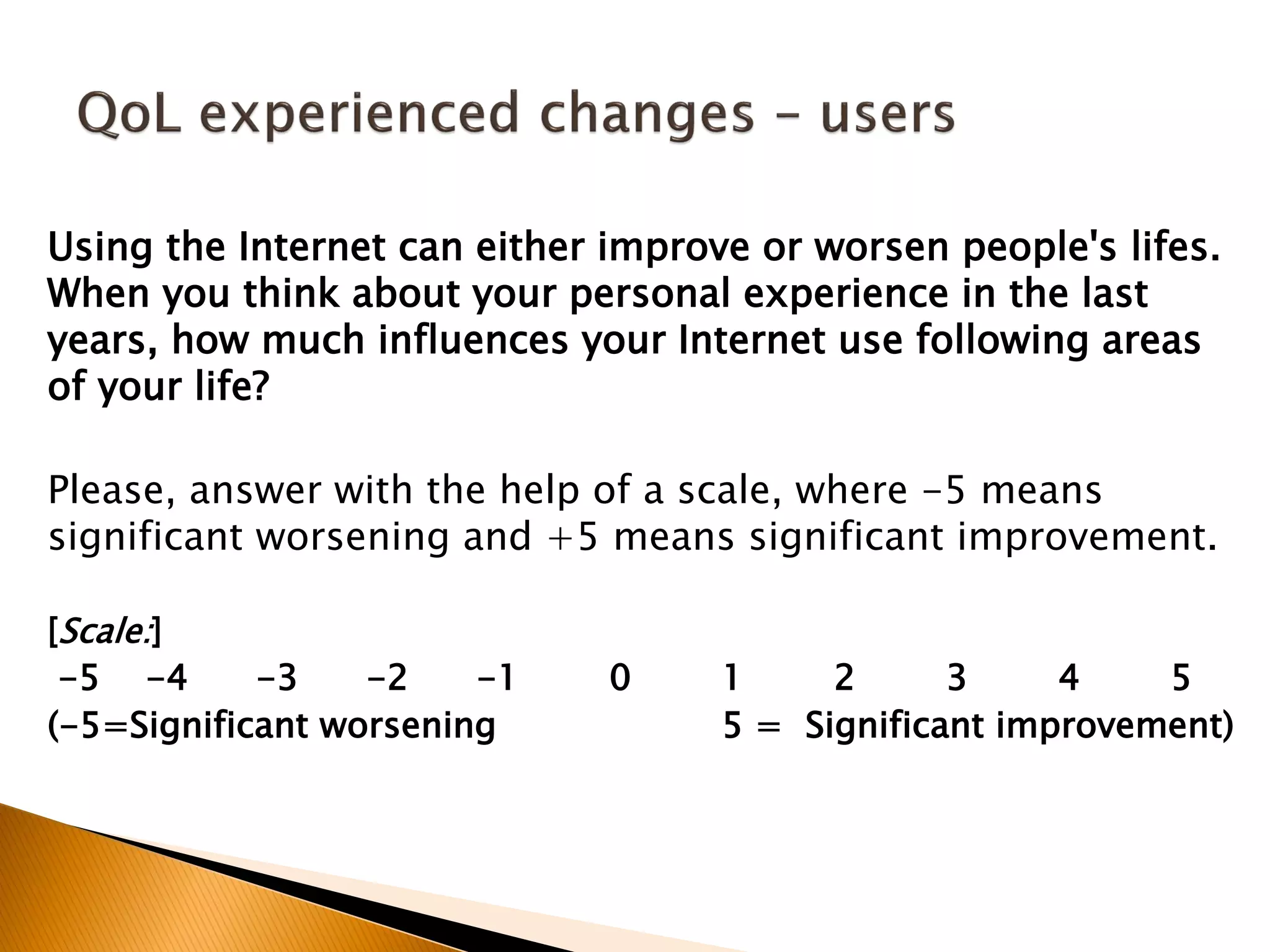Using the Internet can either improve or worsen people's lifes.
When you think about your personal experience in the last
years, how much influences your Internet use following areas
of your life?
Please, answer with the help of a scale, where -5 means
significant worsening and +5 means significant improvement.
[Scale:]
-5 -4 -3 -2 -1 0 1 2 3 4 5
(-5=Significant worsening 5 = Significant improvement)
 