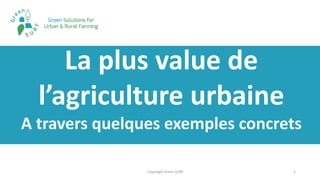1
La plus value de
l’agriculture urbaine
A travers quelques exemples concrets
Copyright Green SURF
 