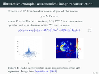Illustrative example: astronomical image reconstruction
Recover x ∈ Rd
from low-dimensional degraded observation
y = MFx + w,
where F is the Fourier transform, M ∈ Cm×d
is a measurement
operator and w is Gaussian noise. We use the model
p(x|y) ∝ exp

−ky − MFxk2
/2σ2
− θkΨxk1

1Rn
+
(x). (3)
y
x?
Figure 1: Radio-interferometric image reconstruction of the W28
supernova. Image from Repetti et al. (2019)
9 / 31
 