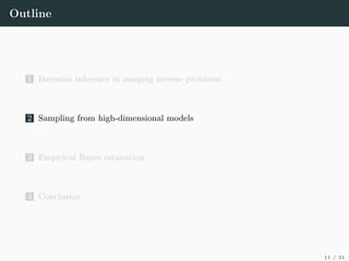 Outline
1 Bayesian inference in imaging inverse problems
2 Sampling from high-dimensional models
3 Empirical Bayes estimation
4 Conclusion
11 / 31
 