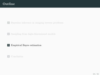 Outline
1 Bayesian inference in imaging inverse problems
2 Sampling from high-dimensional models
3 Empirical Bayes estimation
4 Conclusion
18 / 31
 