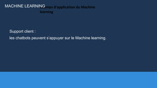 Champs d’application du Machine
learning
Support client :
les chatbots peuvent s’appuyer sur le Machine learning.
MACHINE LEARNING
 