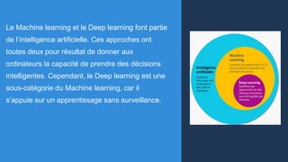 Le Machine learning et le Deep learning font partie
de l’intelligence artificielle. Ces approches ont
toutes deux pour résultat de donner aux
ordinateurs la capacité de prendre des décisions
intelligentes. Cependant, le Deep learning est une
sous-catégorie du Machine learning, car il
s’appuie sur un apprentissage sans surveillance.
 