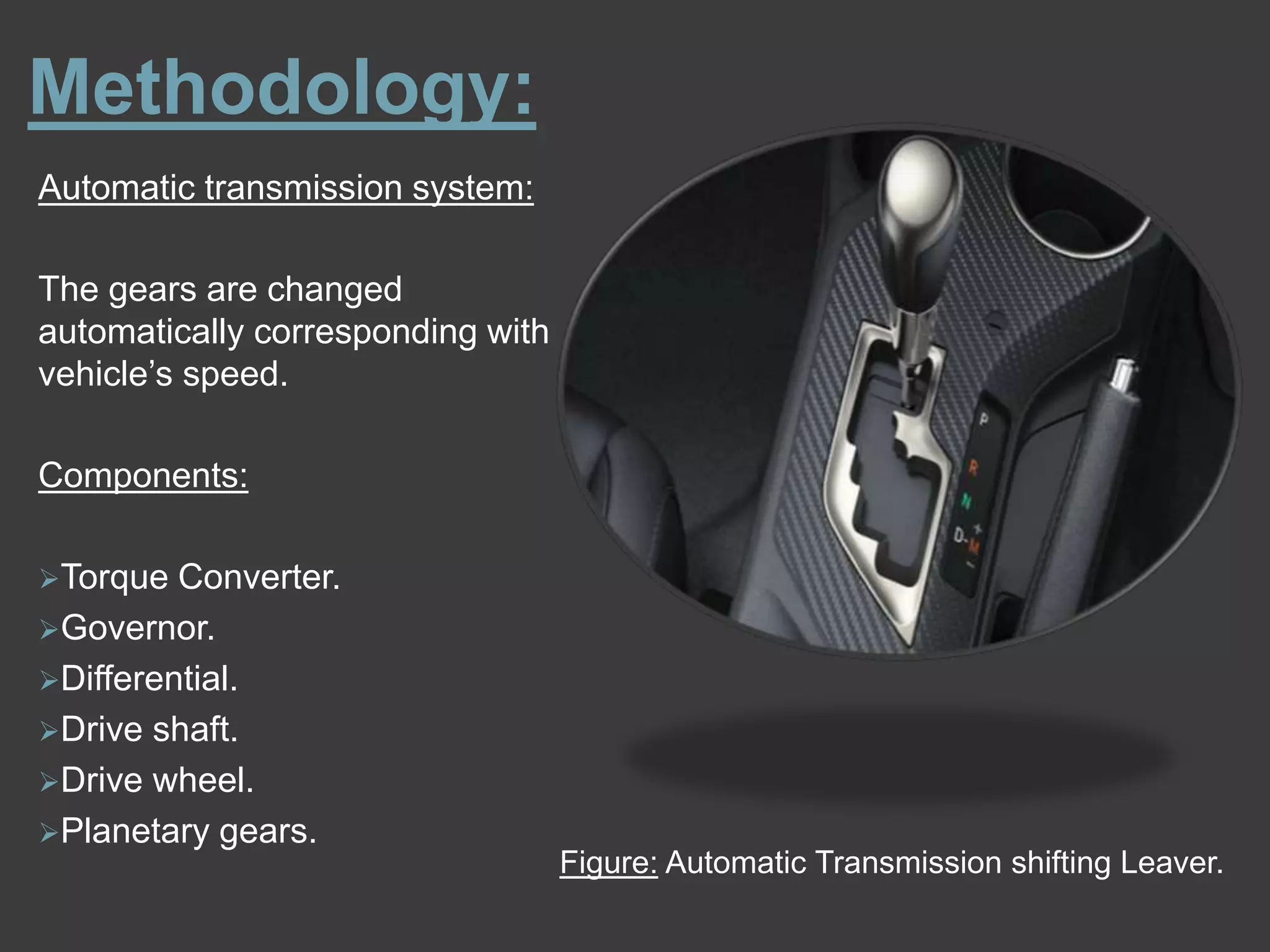 Methodology:
Automatic transmission system:
The gears are changed
automatically corresponding with
vehicle’s speed.
Components:
Torque Converter.
Governor.
Differential.
Drive shaft.
Drive wheel.
Planetary gears.
Figure: Automatic Transmission shifting Leaver.
 
