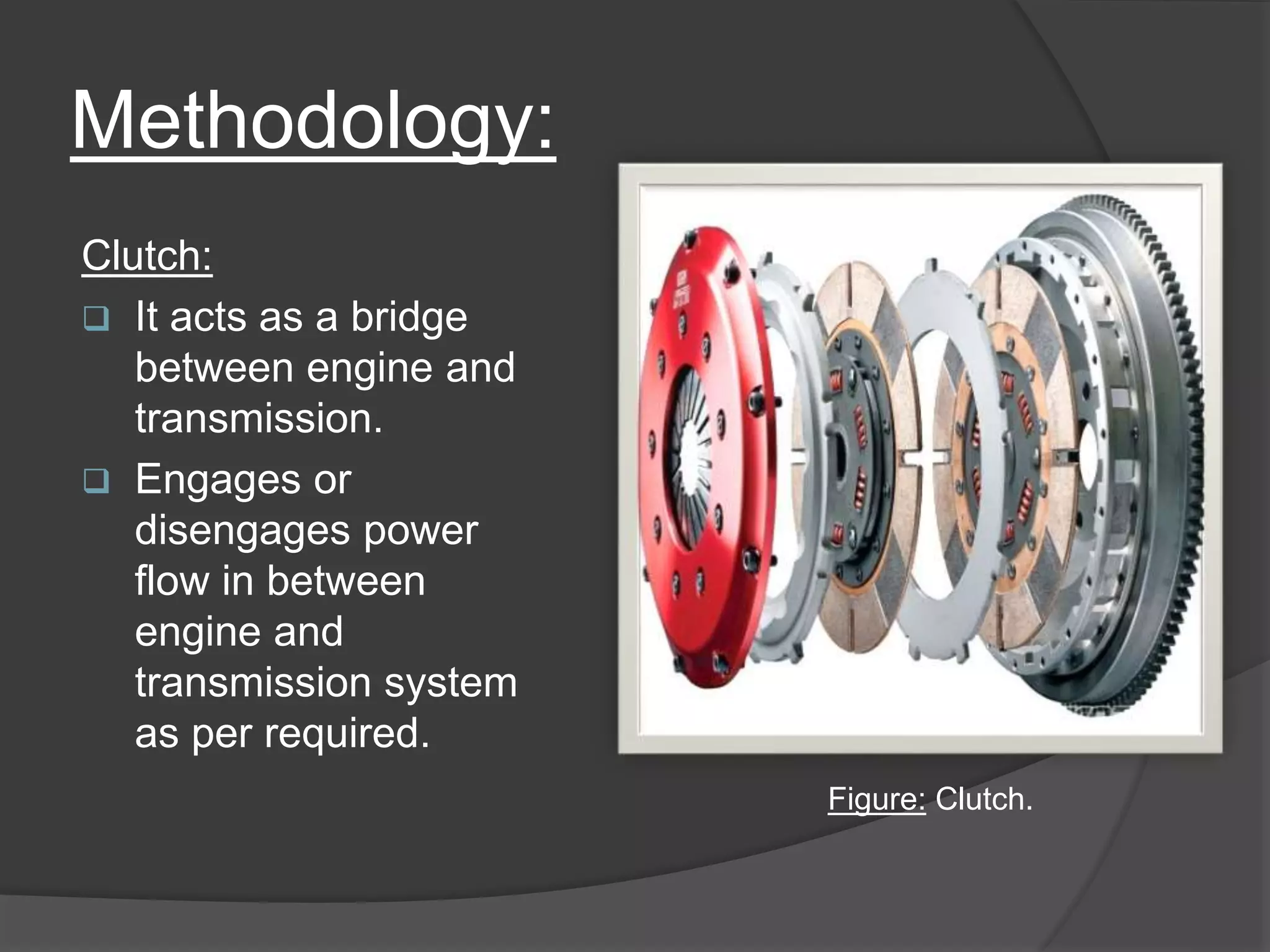 Methodology:
Clutch:
 It acts as a bridge
between engine and
transmission.
 Engages or
disengages power
flow in between
engine and
transmission system
as per required.
Figure: Clutch.
 
