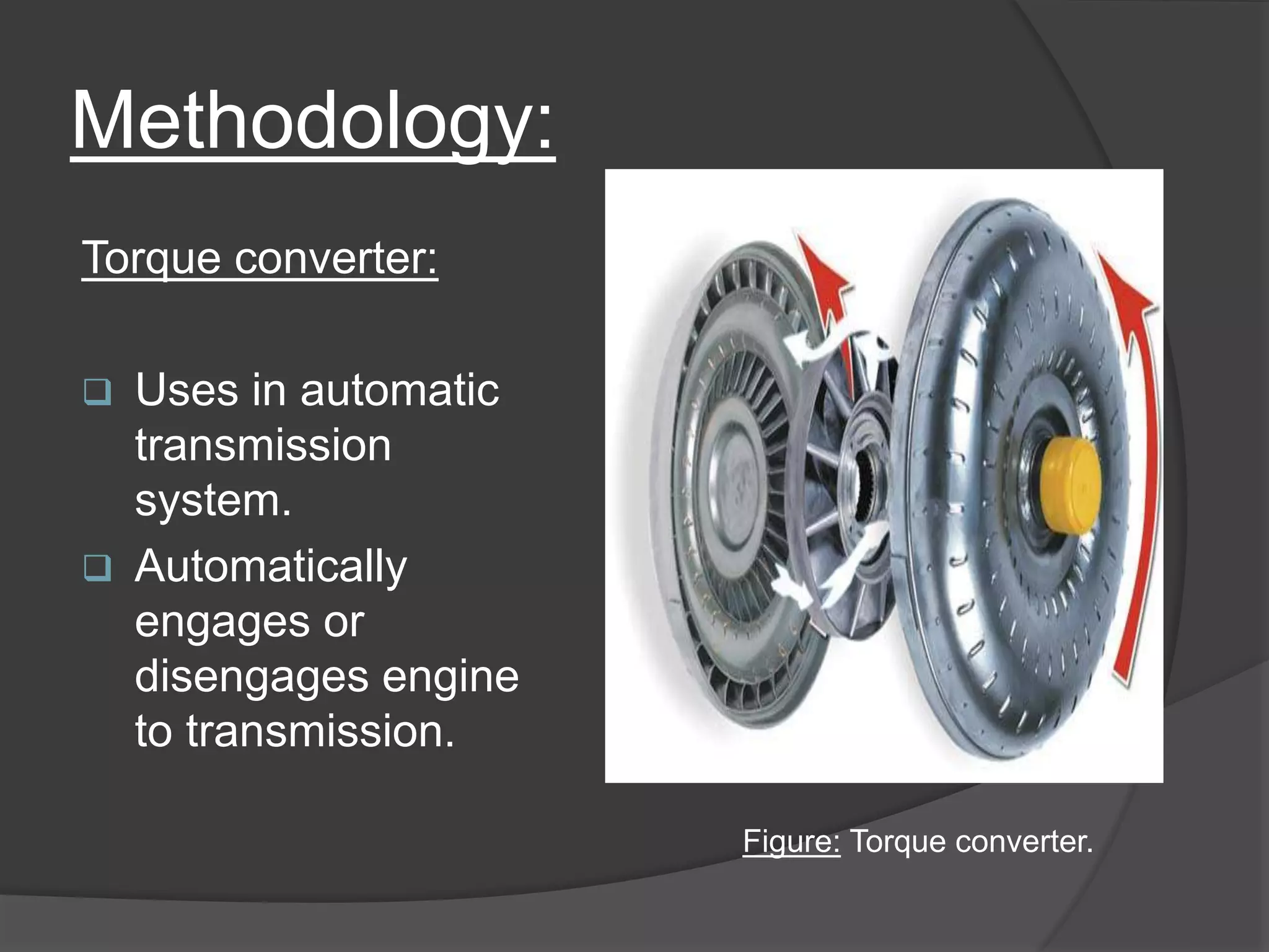 Methodology:
Torque converter:
 Uses in automatic
transmission
system.
 Automatically
engages or
disengages engine
to transmission.
Figure: Torque converter.
 