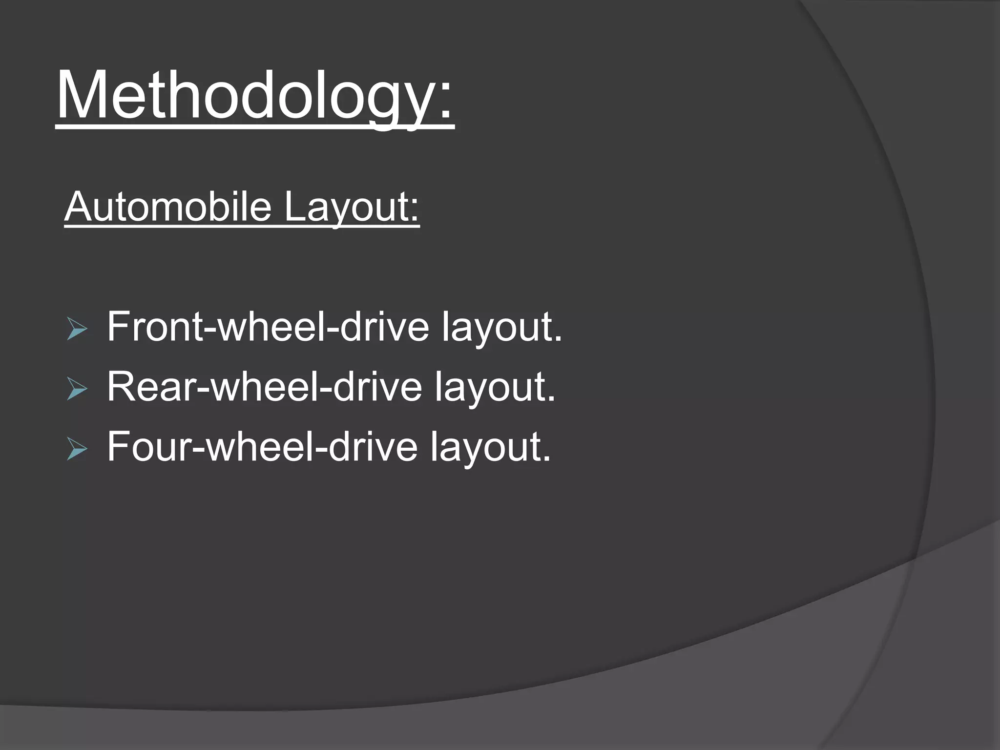Methodology:
Automobile Layout:
 Front-wheel-drive layout.
 Rear-wheel-drive layout.
 Four-wheel-drive layout.
 