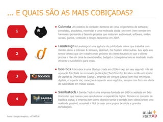 ... E QUAIS SÃO AS MAIS COBIÇADAS?
                                    ● Colmeia Um coletivo de verdade: diretores de cena, engenheiros de software,
        1                             jornalistas, arquitetos, roteiristas e uma molecada doida convivem (nem sempre em
                                      harmonia) pensando e fazendo projetos que misturam audiovisual, software, mídias
                                      sociais, games, conteúdo e design. Nascemos em 2007.


                                    ● Landesign A Landesign é uma agência de publicidade online que trabalha com
                                      clientes como a Johnson & Johnson, Walmart, Car System entre outras. Ano após ano
        2                             temos certeza que um trabalho mais próximo do cliente focados no que o cliente
                                      precisa e não em cima de memorandos, budget e cronograma tem se mostrado muito
                                      eficiente e satisfatório para todos.


                                    ● boo-box A boo-box é uma Startup criada em 2006 e logo em seu segundo mês de
                                      operação foi citada na renomada publicação [TechCrunch]. Recebeu então um aporte
        3                             de capital da [Monashees Capital], empresa de Venture Capital com foco em mídias
                                      digitais, e, a partir daí, começou a expandir seus negócios, sempre com foco em oferta
                                      de publicidade em mídias sociais.


                                    ● Sambatech A Samba Tech é uma empresa fundada em 2004 e sediada em Belo
                                      Horizonte, que nasceu para revolucionar a experiência digital. Pioneira no conceito de
        4                             logística digital, a empresa tem como objetivo tornar o contato com vídeos online uma
                                      realidade possível, acessível e fácil de usar para grupos de mídia e grandes
                                      corporações.


Fonte: Google Analytics, +STARTUP
 