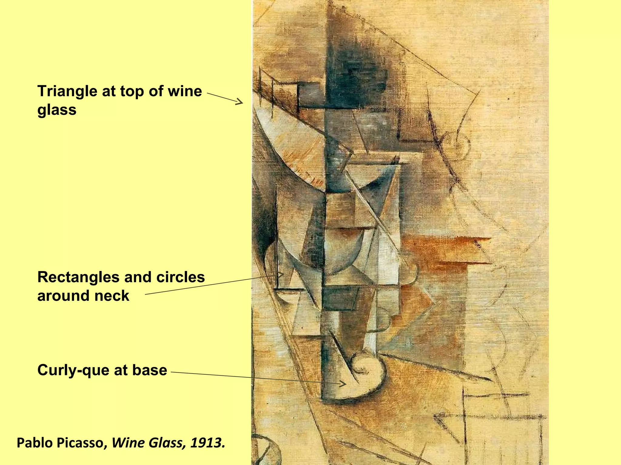 Pablo Picasso,  Wine Glass, 1913.  Triangle at top of wine glass Rectangles and circles around neck Curly-que at base 